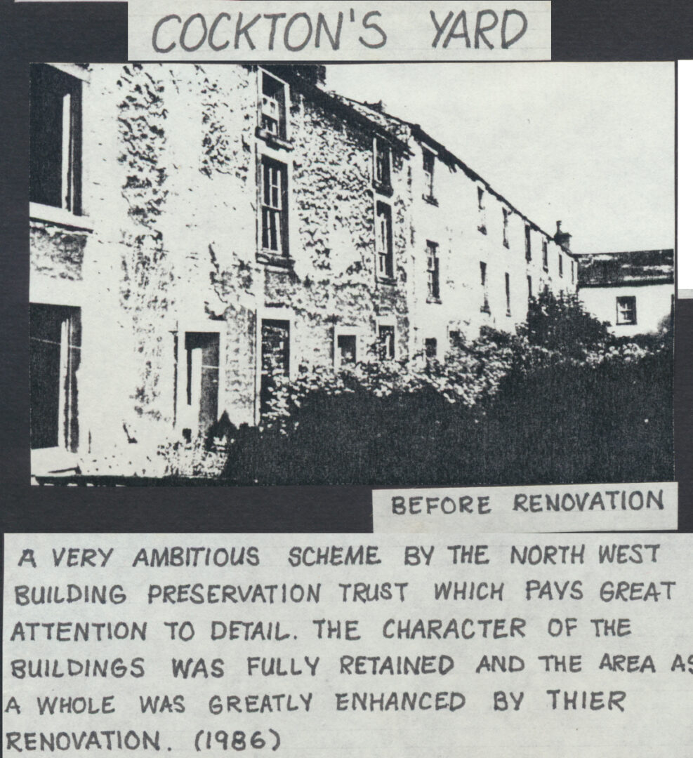 Cocktons Yard three floors high before renovation by North West Building Preservation Trust 1986 photo with text