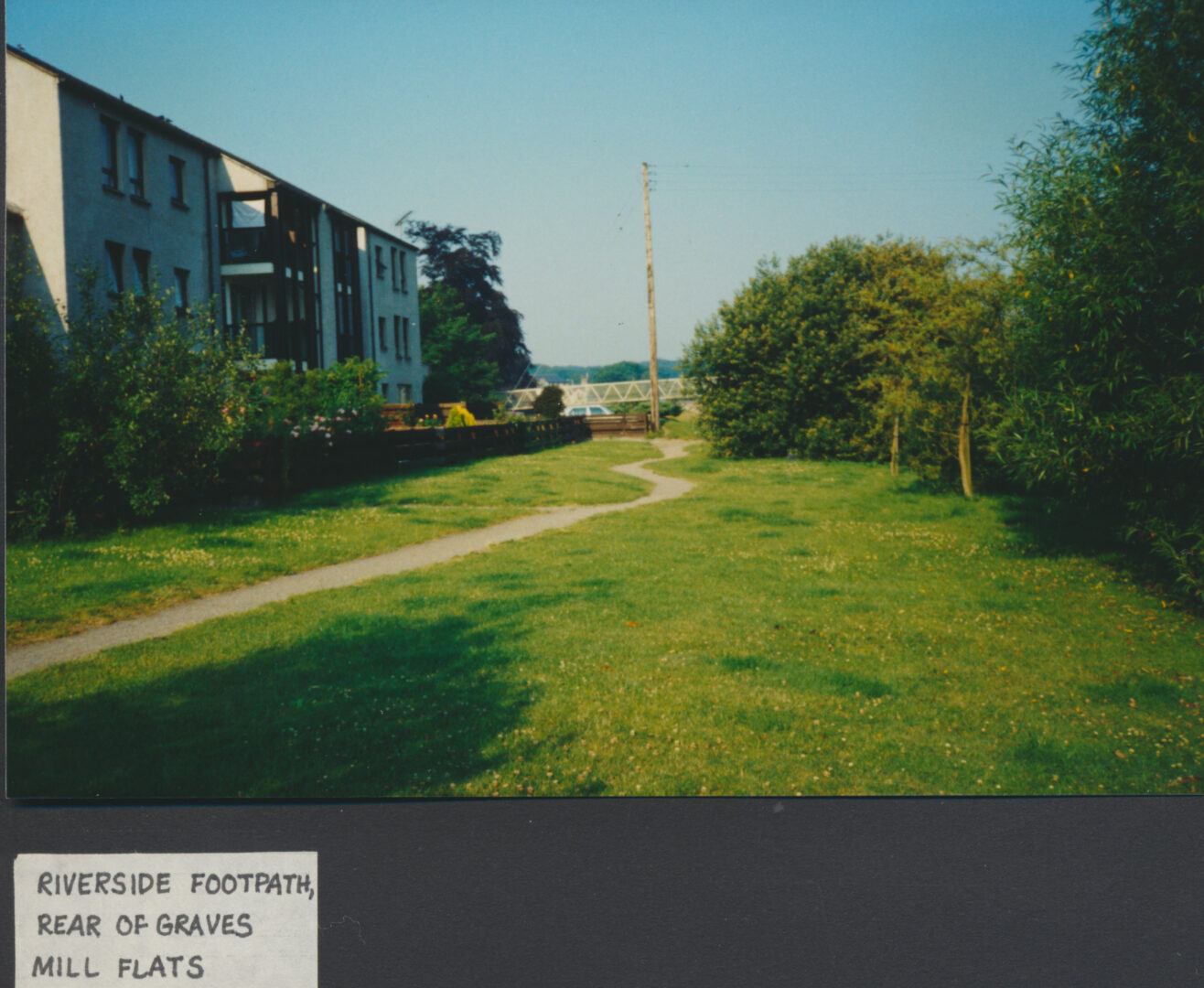 Graves Mill flats rear view to river with footpath 1989 photo