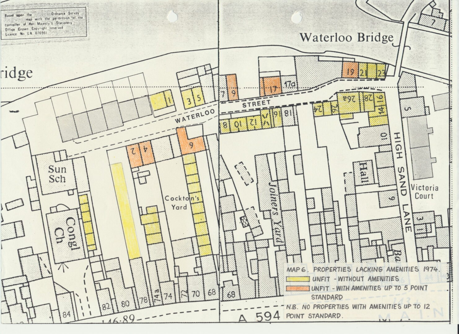 Map 06 Waterloo Street properties lacking amenities in 1974 in report of 1989 rotated