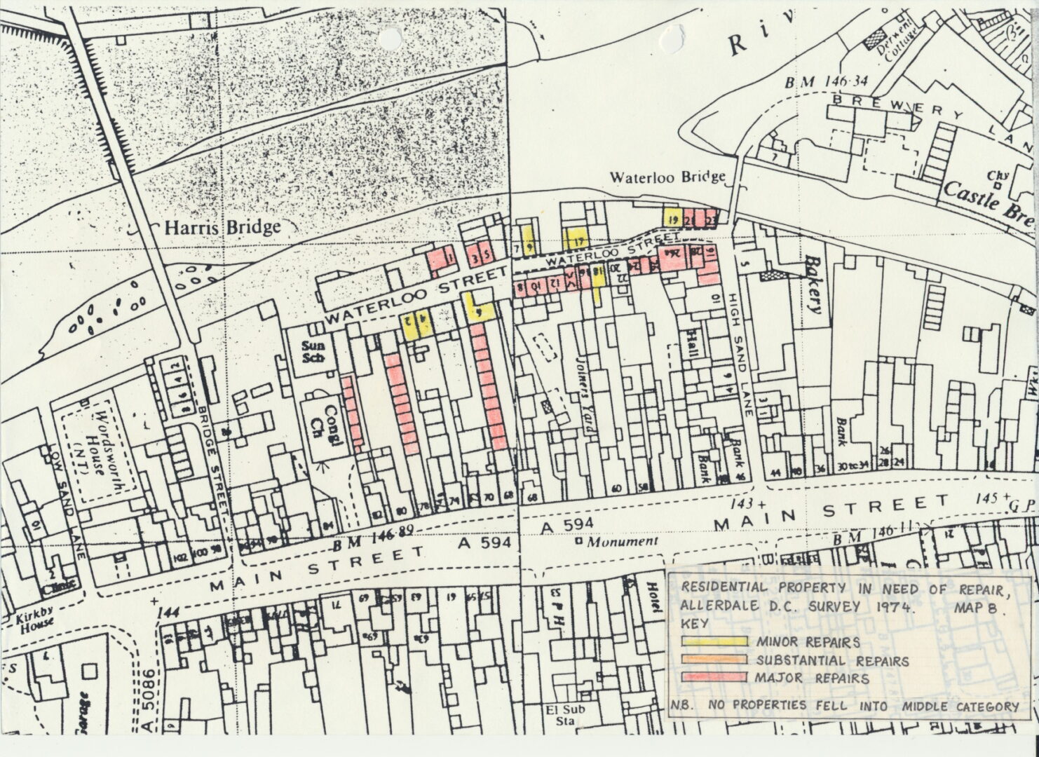 Map 08 Waterloo Street residential property in need of minor substantial and major repairs 1974 in survey of 1989 rotated