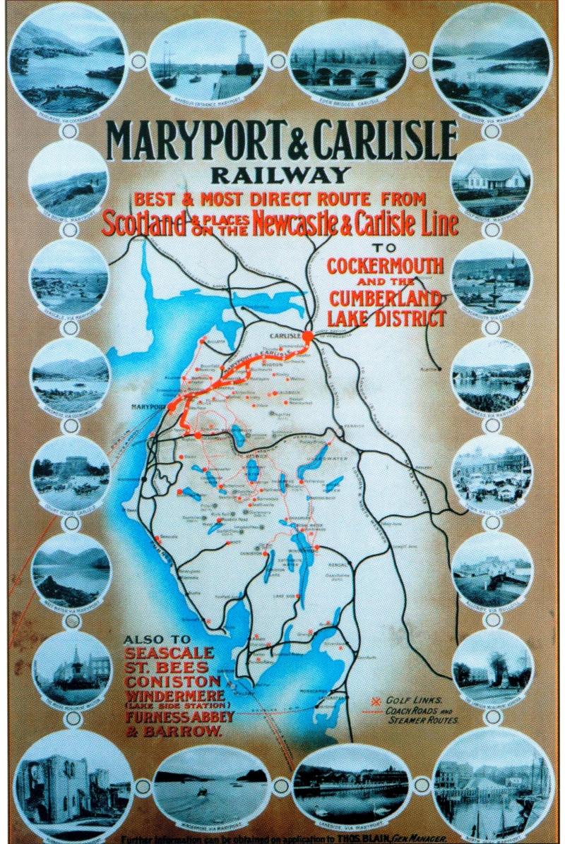 Rail routes Maryport and Carlisle Railway to Cockermouth and The Cumberland Lake District poster.jpg